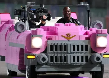 Terry Crews Rides Spectacular Full-Size LEGO Cadillac at Las Vegas GP Victory Lap!