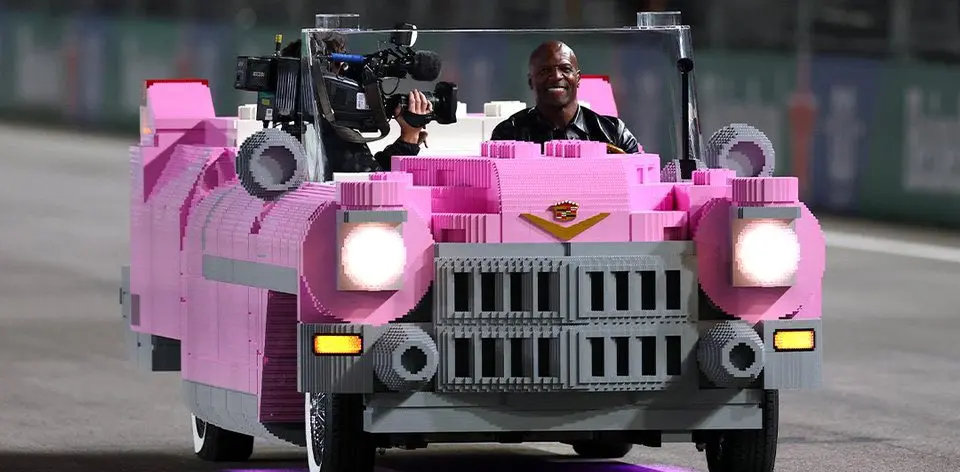 Terry Crews Rides Spectacular Full-Size LEGO Cadillac at Las Vegas GP Victory Lap!
