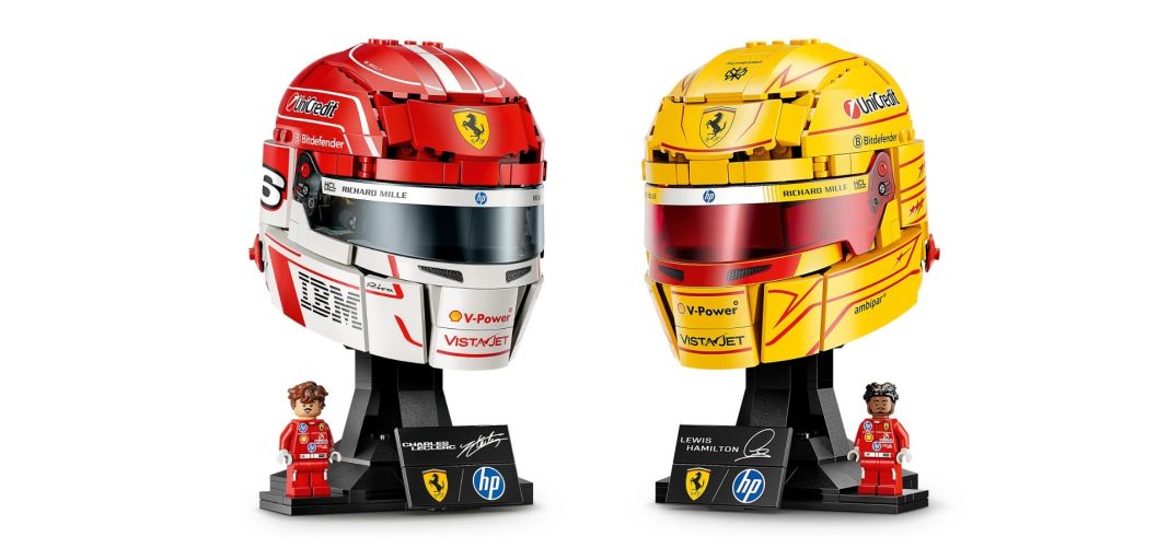 O vermelho Ferrari encontra a precisão LEGO, e estes capacetes de Hamilton e Leclerc são uma verdadeira aula de engenharia com peças