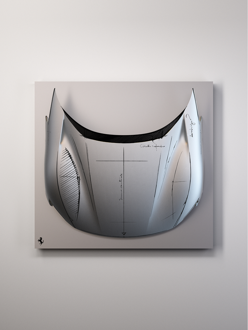 Terceira peça divulgada pela Ferrari, montada em suporte para ficar à vista como obra de parede