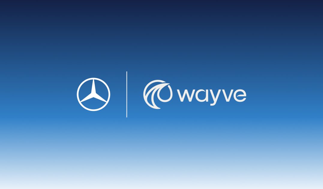 A imagem oficial do anúncio, com as marcas Wayve e Mercedes-Benz lado a lado
