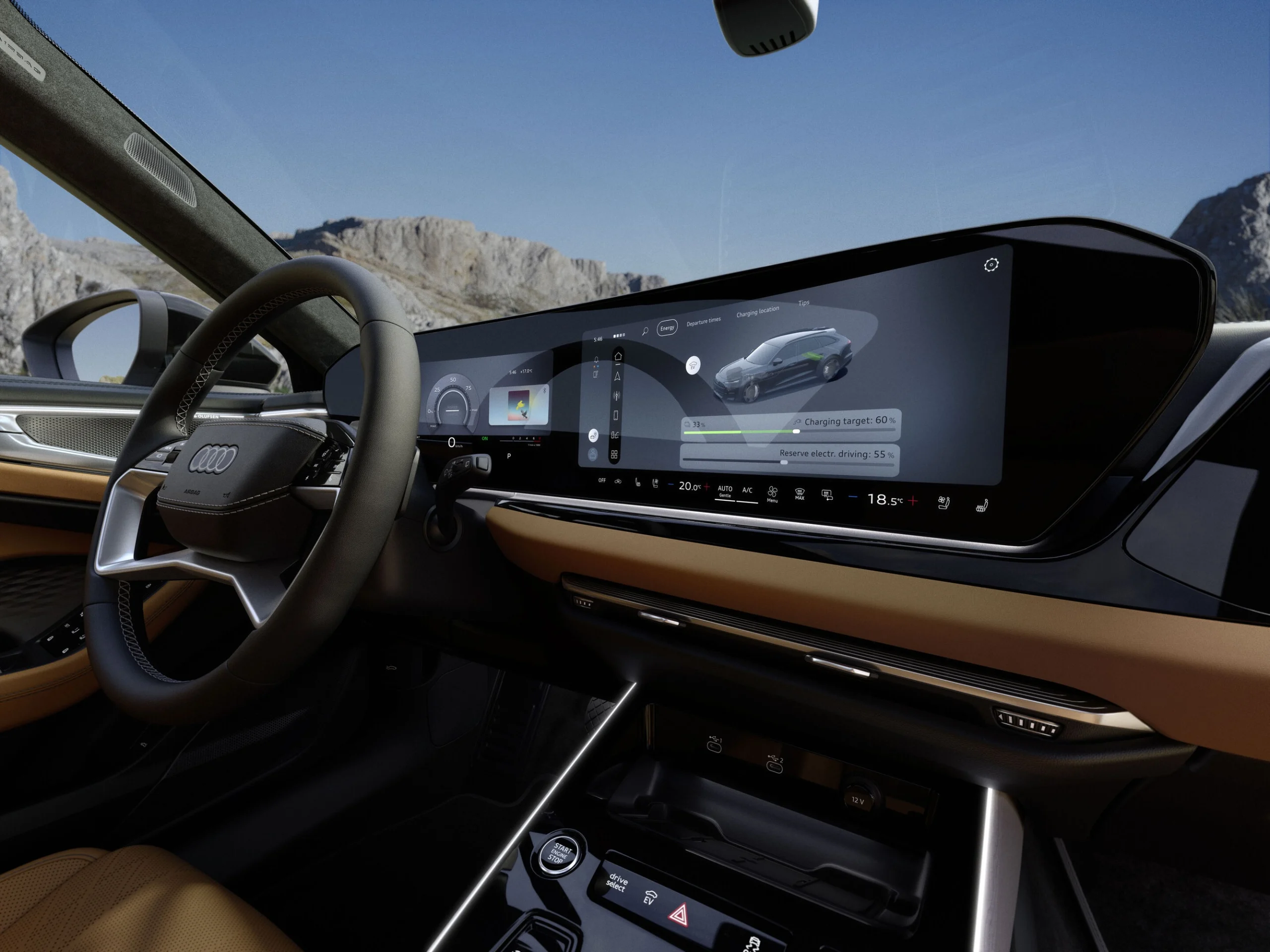 O interior do Audi A6 allroad e-hybrid, com o posto de condução digital.