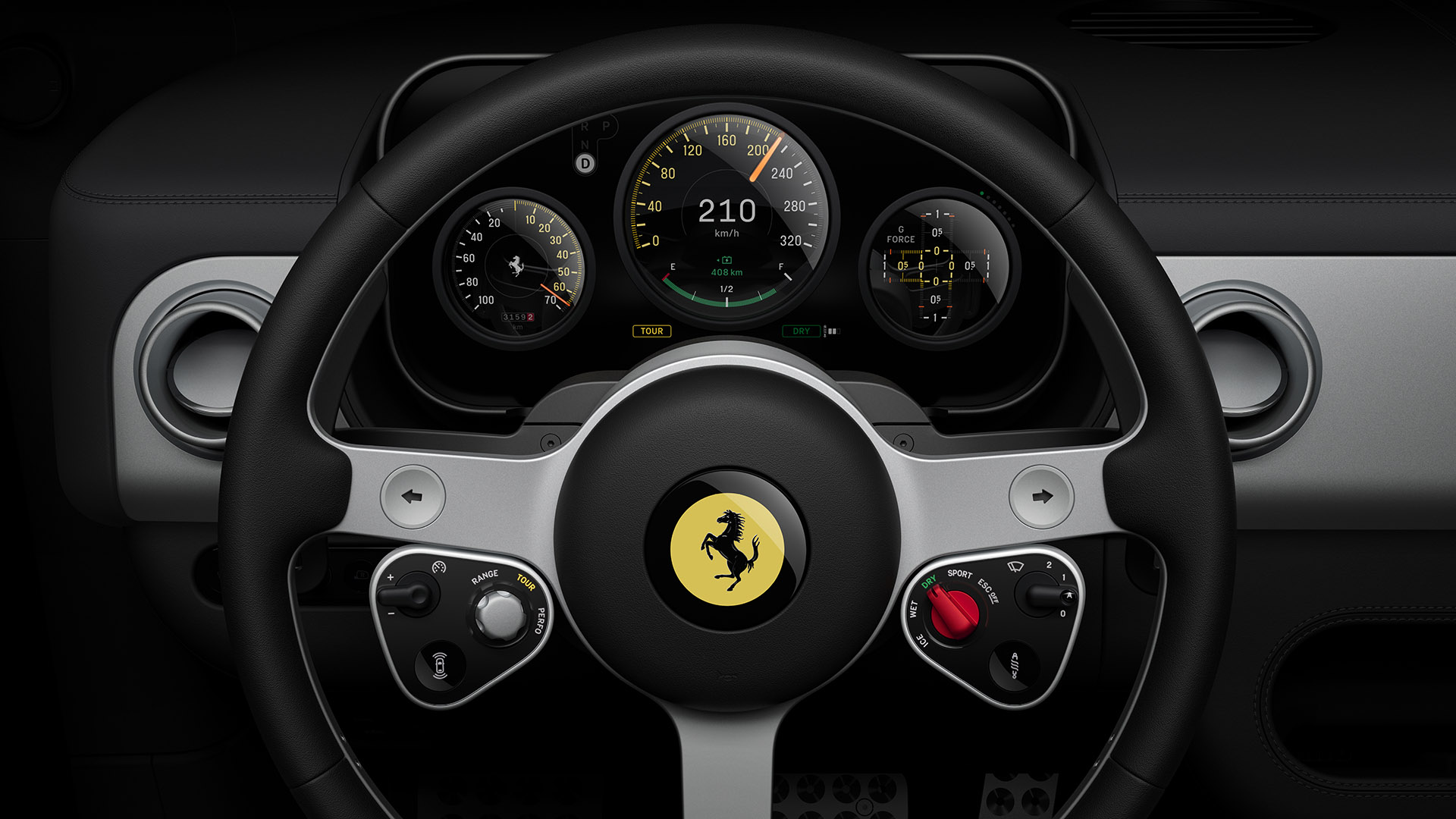 O volante do Ferrari Luce (2026), na imagem oficial com que a Ferrari revelou o interior em Fevereiro de 2026.