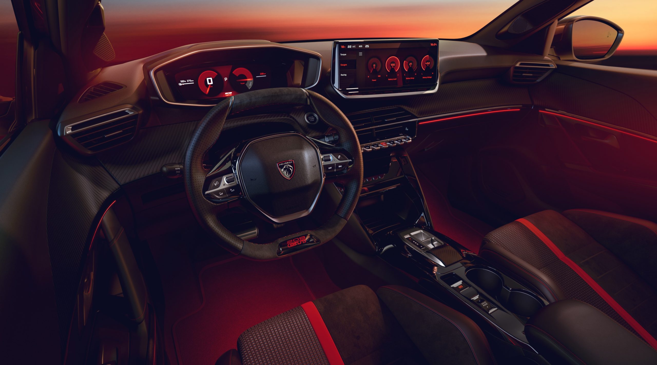 O interior do Peugeot E-208 GTi, do lado do condutor, numa fotografia oficial da Peugeot.