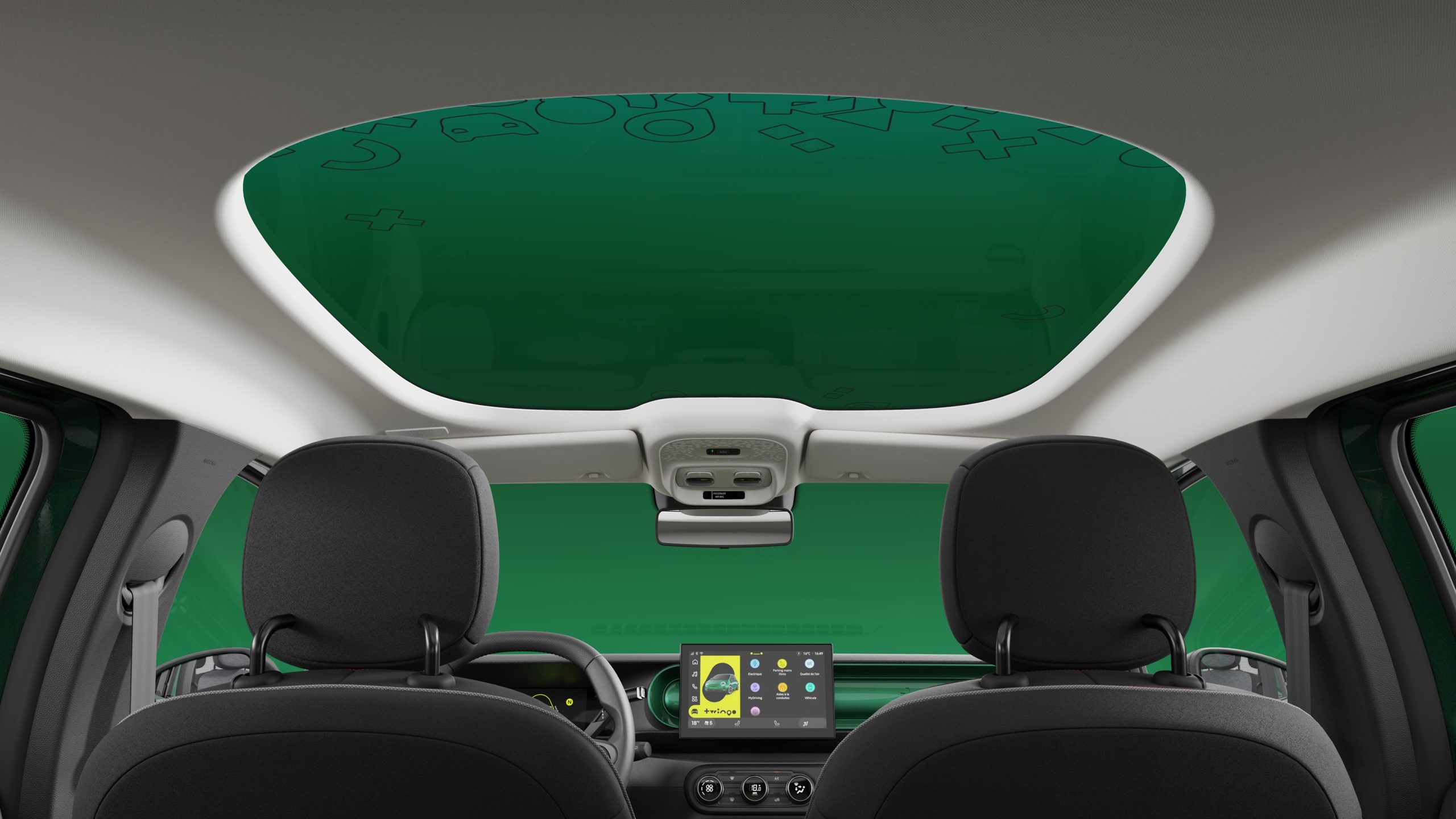Renault Twingo E-Tech elétrico com o tejadilho Twingobay, noutra imagem oficial do comunicado da Renault, creditada a Renault Marketing 3D-Commerce.