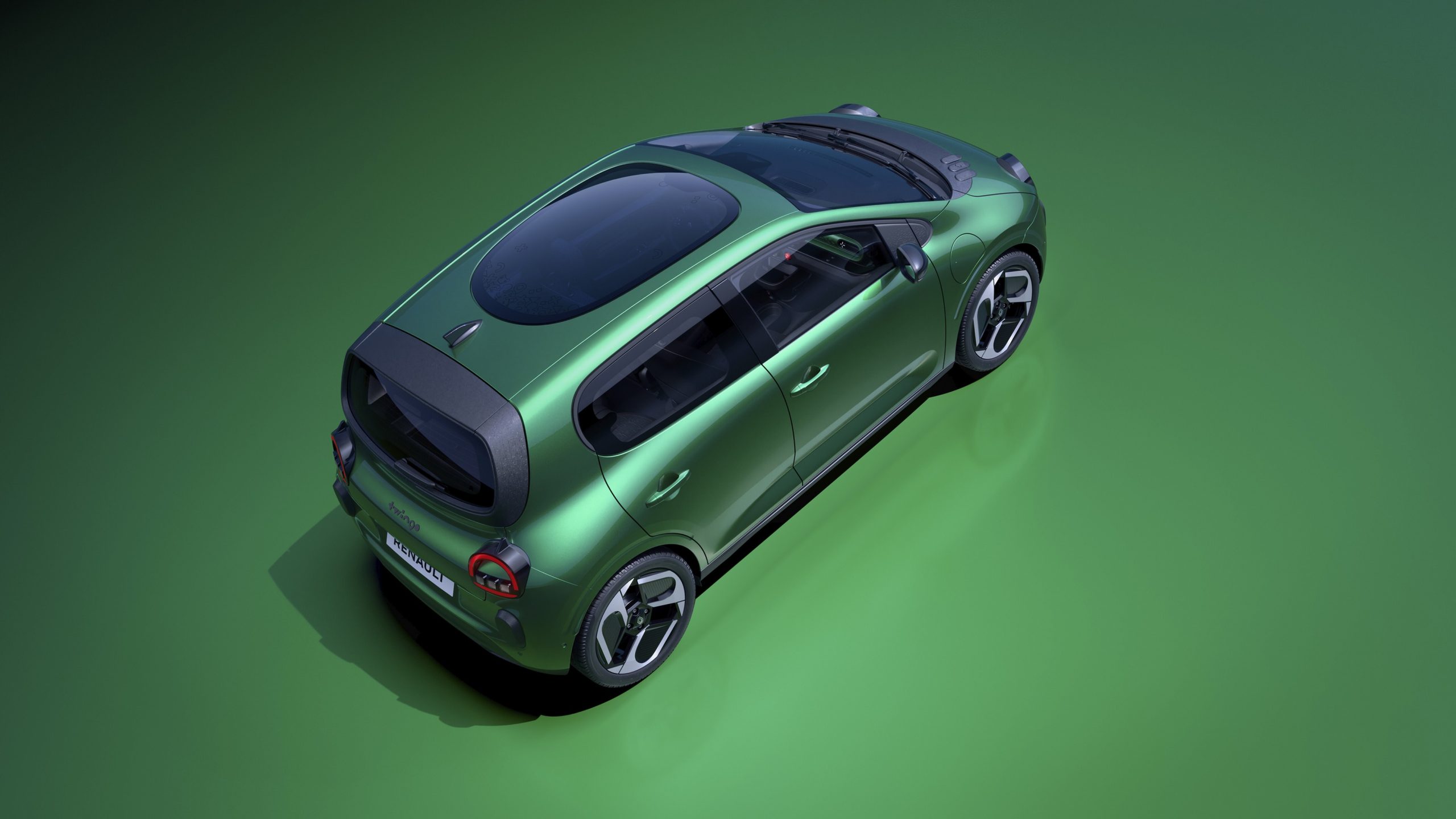 O tejadilho em vidro Twingobay do Renault Twingo E-Tech elétrico, em imagem oficial da Renault, creditada a Renault Marketing 3D-Commerce.