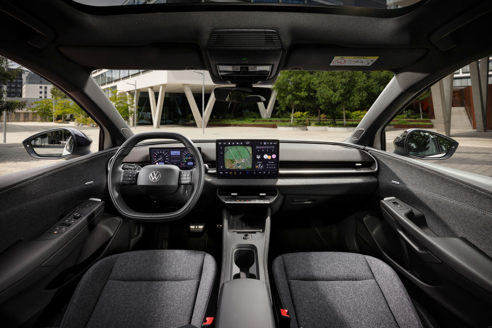 O interior do Volkswagen ID. Polo, numa fotografia oficial da Volkswagen. A fonte não indica se o cinto ou o pilar B aparecem na imagem.
