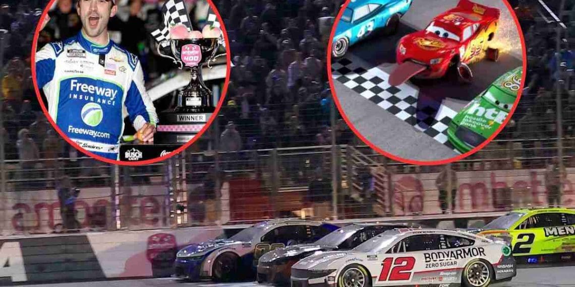Daniel Suarez vence corrida da Copa em Atlanta com final emocionante de três carros lado a lado, evocando nostalgia por Lightning McQueen.