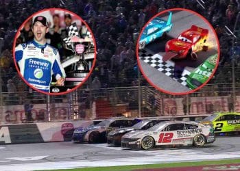 Daniel Suarez vence corrida da Copa em Atlanta com final emocionante de três carros lado a lado, evocando nostalgia por Lightning McQueen.