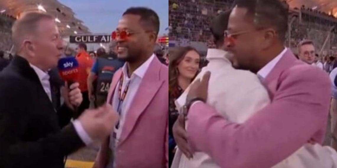 Patrice Evra ignora Martin Brundle para dar as boas-vindas ao astro brasileiro Neymar no Grande Prêmio do Bahrain.