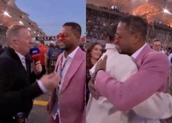 Patrice Evra ignora Martin Brundle para dar as boas-vindas ao astro brasileiro Neymar no Grande Prêmio do Bahrain.