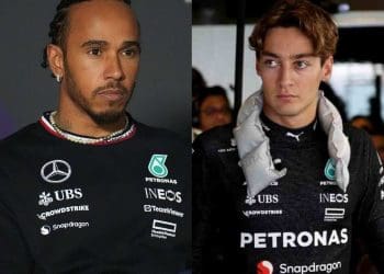 Lewis Hamilton deixa George Russell ultrapassá-lo durante o Grande Prêmio do Japão.