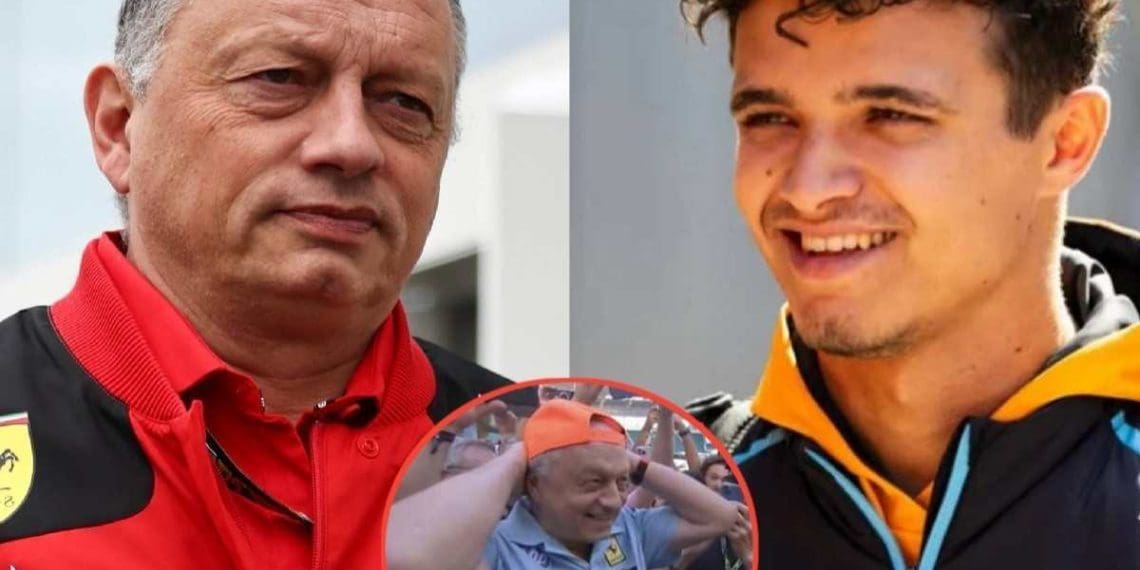 Vídeo: Líder da Ferrari, Fred Vasseur, usa boné da McLaren para homenagear vitória de Lando Norris no Grande Prêmio de Miami.