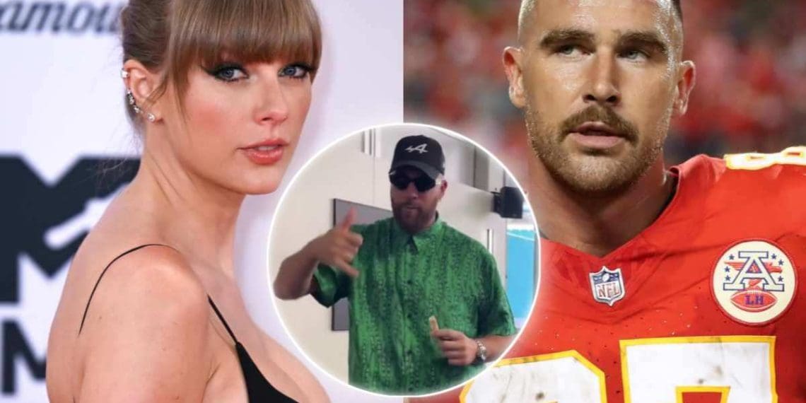 Travis Kelce visto no Miami Grand Prix com a namorada Taylor Swift, que vale $1.1 bilhão.