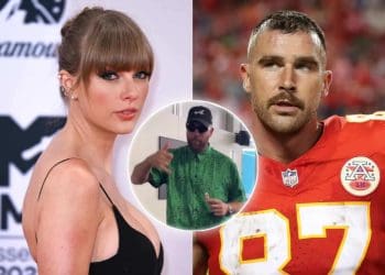 Travis Kelce visto no Miami Grand Prix com a namorada Taylor Swift, que vale $1.1 bilhão.
