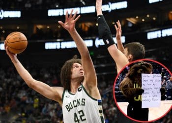 BUCKS STAR ROBIN LOPEZ DESTROYS JAZZ MASCOT’S SIGN IN FIT OF RAGE!
