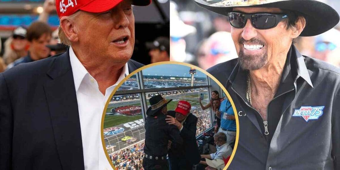 RICHARD PETTY ABRAÇA DONALD TRUMP NA CORRIDA DA COCA COLA 600.