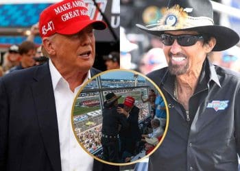 RICHARD PETTY ABRAÇA DONALD TRUMP NA CORRIDA DA COCA COLA 600.