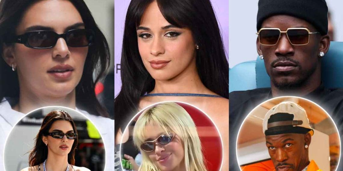 Kendall Jenner, Camila Cabello e jogador da NBA Jimmy Butler vistos no Grande Prêmio de Miami.