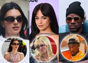 Kendall Jenner, Camila Cabello e jogador da NBA Jimmy Butler vistos no Grande Prêmio de Miami.