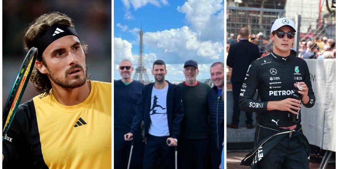 Mensagens de melhoras de Stefanos Tsitsipas, Coco Gauff e George Russell para Novak Djokovic após cirurgia bem-sucedida.