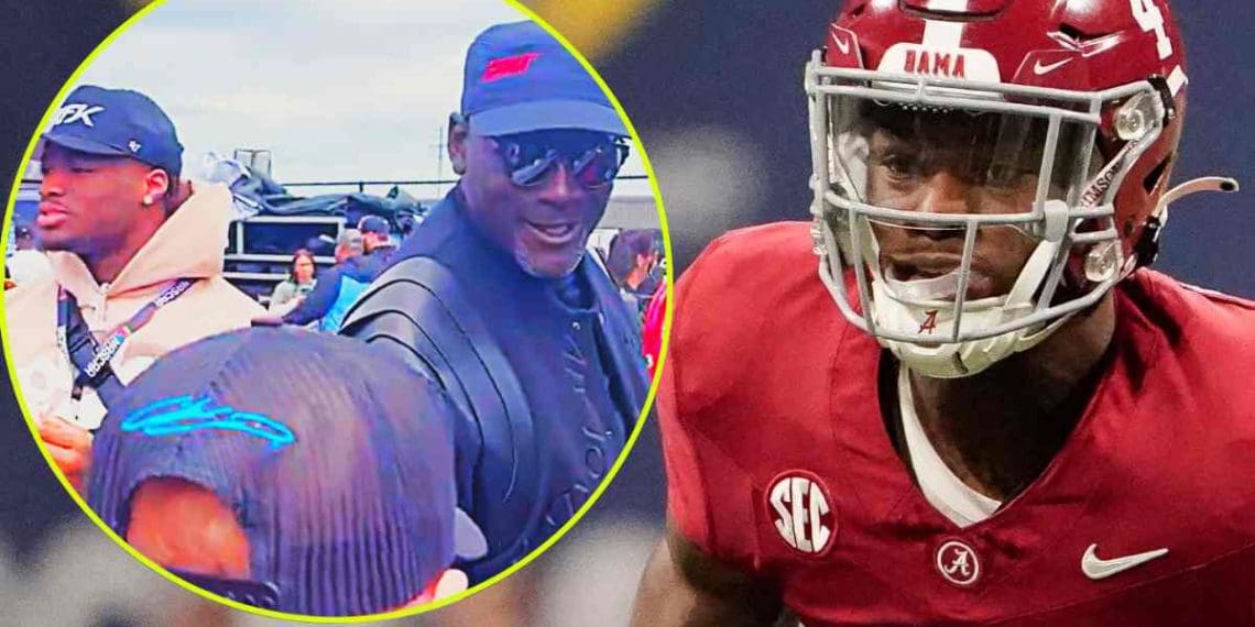 Ex-campeão nacional de Alabama QB Jalen Milroe visto com Michael Jordan no GEICO 500 em Talladega.