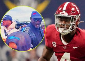Ex-campeão nacional de Alabama QB Jalen Milroe visto com Michael Jordan no GEICO 500 em Talladega.