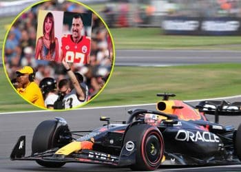 Travis Kelce e Taylor Swift vistos juntos no Grande Prêmio de Miami com Patrick e Brittany Mahomes.