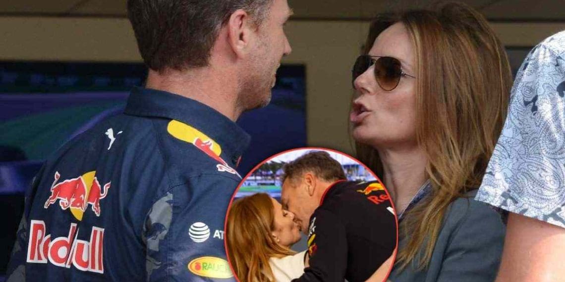 Christian Horner abraça Geri Halliwell em público para esconder crise no casamento causada por prova vazada.