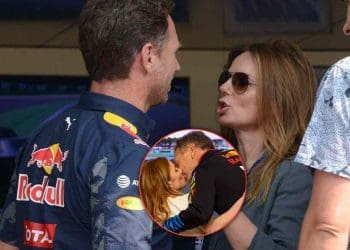 Christian Horner abraça Geri Halliwell em público para esconder crise no casamento causada por prova vazada.