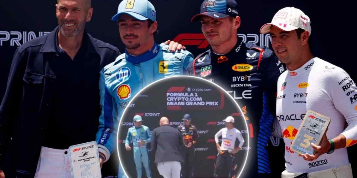 Ícone do futebol Zinedine Zidane quase entrega o troféu de P2 de Charles Leclerc em Miami para Sergio Perez, que terminou em terceiro lugar.