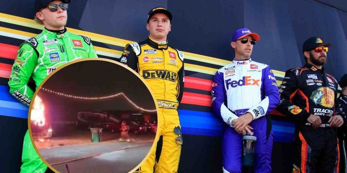 Vídeo: Incêndio irrompe em ônibus da equipe Joe Gibbs Racing no New Hampshire Motor Speedway.