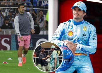 VÍDEO: Luis Suárez do Inter Miami encontra-se com Carlos Sainz para uma partida de embaixadinhas no paddock do GP de F1 de Miami.