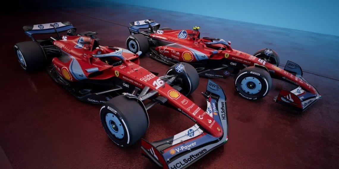 Ferrari revela novo design com tema azul para o Grande Prêmio de Fórmula 1 em Miami.