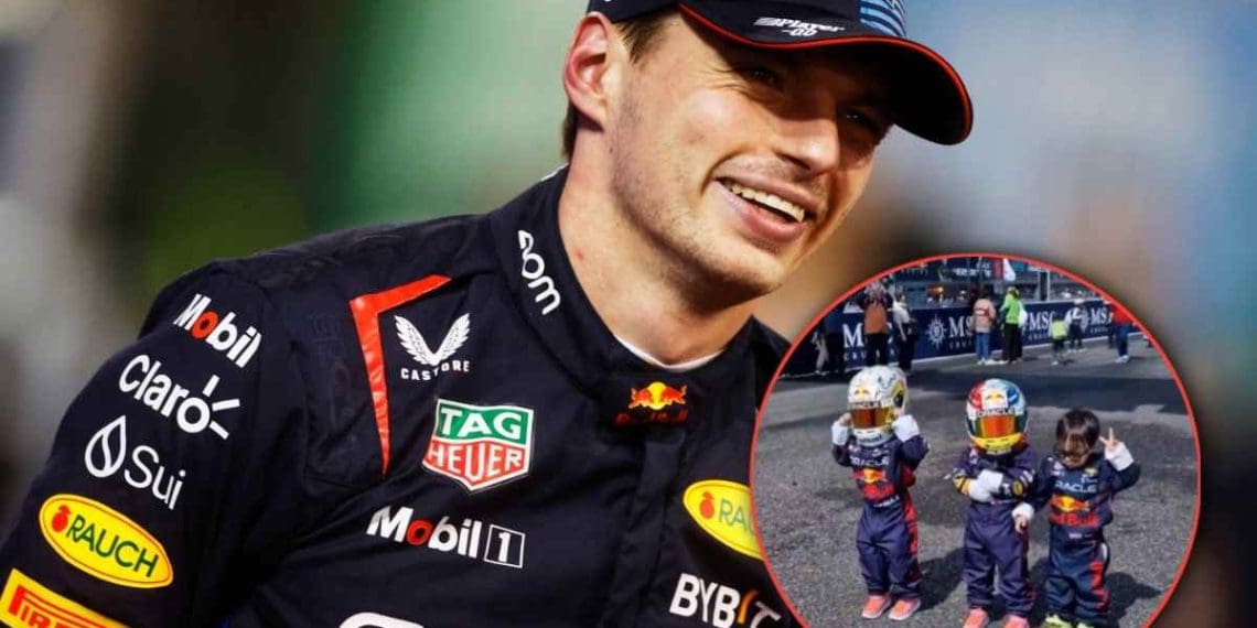 VÍDEO: Jovens fãs fofos da Fórmula 1 vestem o traje de corrida de Max Verstappen durante o Grande Prêmio do Japão.