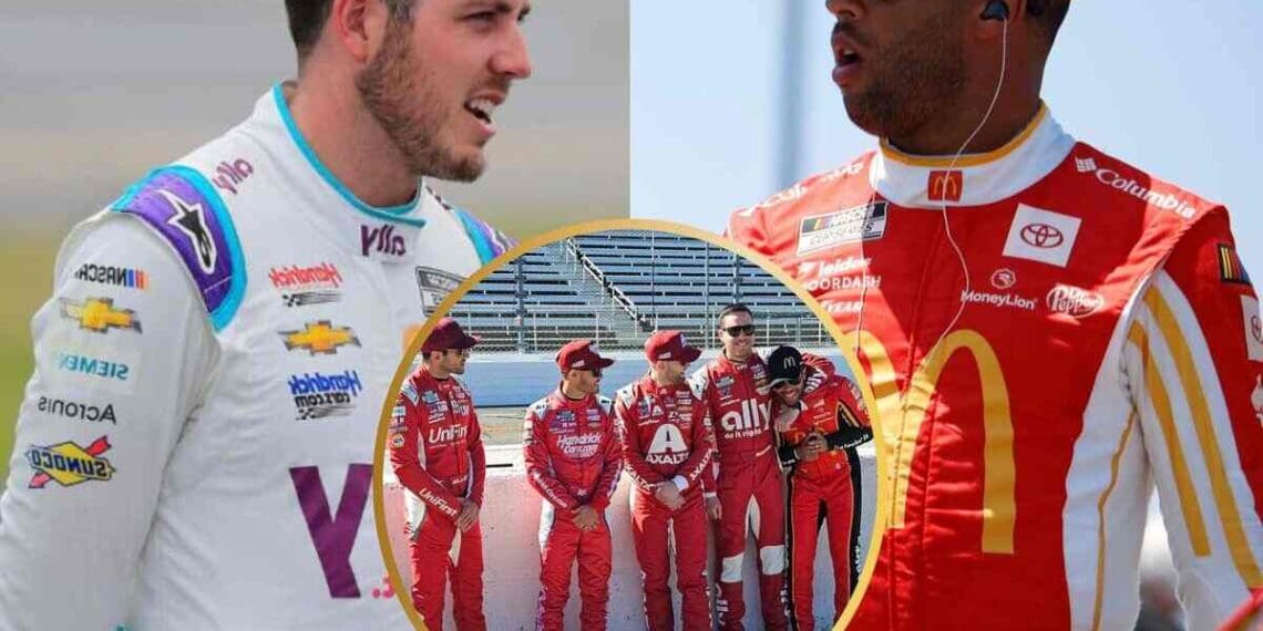 Alex Bowman brinca ao envolver Bubba Wallace em um mata-leão após aparição inesperada do piloto da 23XI Racing na sessão de fotos em grupo da HMS.