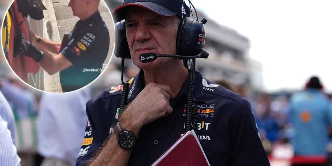 VÍDEO: Adrian Newey assina memorabilia da Ferrari em meio a especulações de mudança para Maranello.