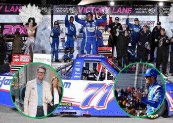 Dale Earnhardt Jr. e Kyle Larson aplaudem a vitória de Rajah Caruth na corrida de caminhões em Las Vegas.