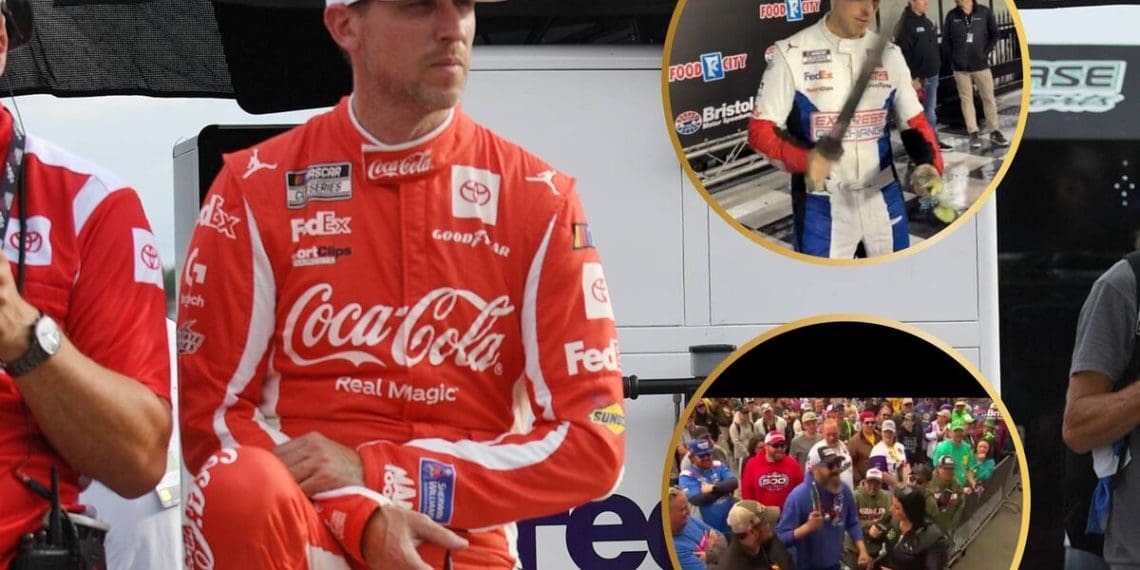 VÍDEO: Fã joga pepino em Denny Hamlin durante vitória de Kyle Larson em Bristol, piloto da JGR celebra com golpe de espada na Victory Lane.