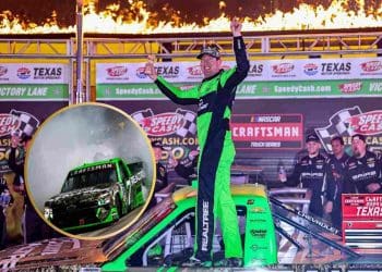 VÍDEO: Kyle Busch comemora vitória na corrida de caminhões no Texas com um show de fogos de artifício.