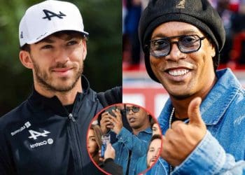 Sensação alpina Pierre Gasly visto com Ronaldinho no jogo da Champions League Barcelona x PSG.